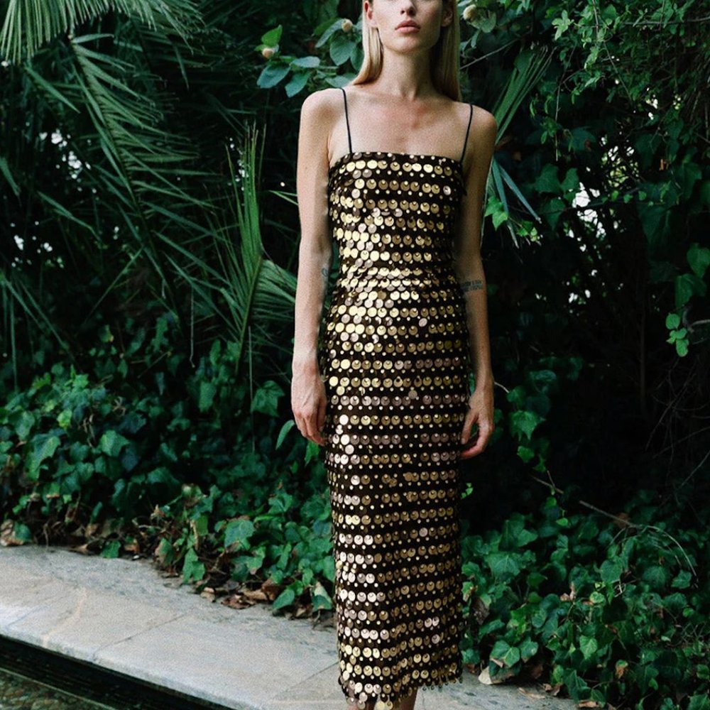 New Arrivals, Size 34, Black and Gold Sequin Midi Dress